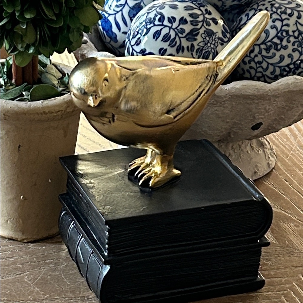 NEW! Vintage Inspired Metallic Gold Song Bird Figurine on Black Book Stack